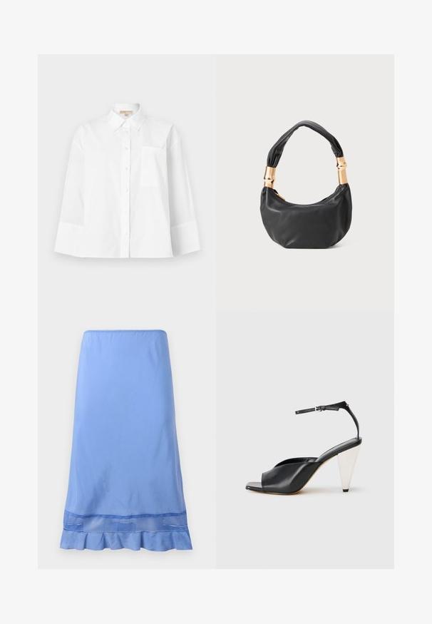 Hvid skjorte med knapper lavet af bomuld, med spidse kraver, lange ærmer, en brystlomme og et løst fit design.; Lyseblå knælang nederdel lavet af glat stof, med en flæset kant og et mesh-detalje nær bunden. Enkel pull-on design.; Sort læder højhælede sandaler med åben tå, asymmetrisk design, ankelrem og en metallisk kegleformet hæl. Glat tekstur hele vejen igennem.; Sort læder håndtaske med rund form, blød tekstur og en knyttet hank med guldfarvede hardware detaljer. Lynlåslukning.