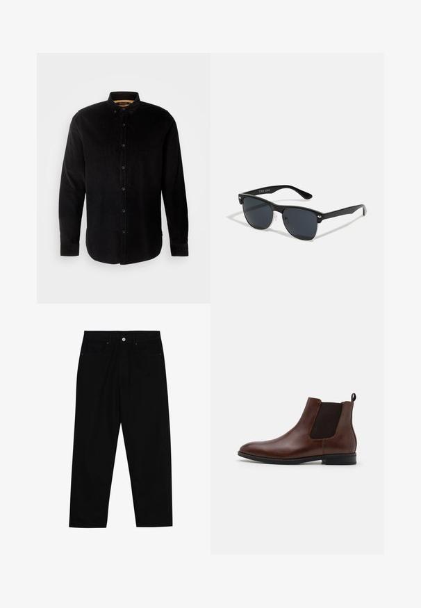 INDICODE JEANS Vapaa-ajan kauluspaita - black; Mustat farkut suoraan lahkeella, viisi taskua ja etunappikiinnitys. Sileä rakenne, jossa on vain vähäisiä ompelualueita.; Pier One LEATHER - Klassiset nilkkurit - dark brown; Mustat aurinkolasit, joilla on suorakulmainen muoto, tummat linssit, hopeiset yksityiskohdat temppeleissä ja matta pinta kehykset.