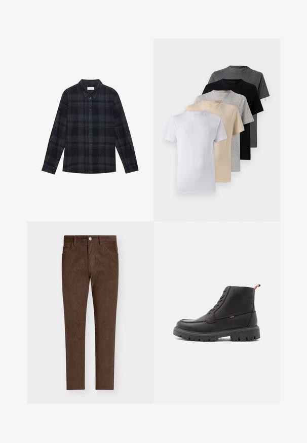 Camicia a quadri nera e grigia in flanella, con chiusura a bottoni frontale, maniche lunghe e design del colletto classico.; Set di cinque t-shirt a manica corta in bianco, beige, grigio chiaro, grigio scuro e nero. Realizzate in cotone morbido, con design a girocollo.; Pantaloni in velluto a coste marroni con taglio dritto, dotati di chiusura a bottone, tasche frontali e texture a coste verticali su tutta la superficie.; Stivali alla caviglia in pelle marrone con punta rotonda, cuciture tonali, suola in gomma nera robusta e linguetta arancione sul tallone.