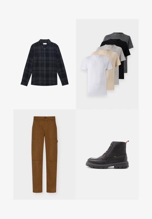 Schwarz-graues Karomuster-Hemd aus Flanell, mit einer Knopfleiste vorne, langen Ärmeln und einem klassischen Kragendesign.; Set aus fünf Kurzarm-T-Shirts in Weiß, Beige, Hellgrau, Dunkelgrau und Schwarz. Hergestellt aus glattem Baumwollmaterial, mit Rundhalsausschnitt.; Braune Cargo-Hosen aus strapazierfähigem Stoff, mit geradem Bein, zwei großen Seitentaschen und einem Knopfverschluss an der Taille.; Braune Leder-Ankle Boots mit runder Spitze, tonalem Nähen, robustem schwarzen Gummisohle und orangefarbenem Zugband an der Ferse.