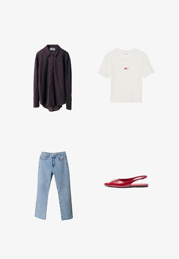 Ilgų rankovių mygtukų marškiniai tamsiai violetinės spalvos, su tekstūruotu dizainu, subtiliu deimantų raštu ir išlenktu apvadu.; Baltas ryškus trumpomis rankovėmis marškinėliai su dviem raudonais širdelėmis siuvinėtomis krūtinėje. Minkšta medžiaga su klasikiniu apvaliu kaklu.; Šviesiai mėlynos džinsinės kelnės su tiesaus kirpimo dizainu, penkiomis kišenėmis ir juosmens etikete. Characteristic yra išblukusios vietos, suteikiančios tekstūrą.; Raudoni odiniai slingback baja su smailiu pirštu ir dekoratyviu raišteliu priekyje, turintis ploną kulkšnies dirželį ir plokščią padą.