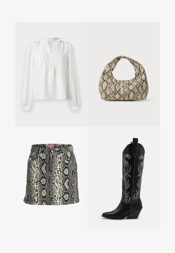 Biała bluzka z długim rękawem, z falbaniastym dekoltem, plisowanym przodem i elastycznymi mankietami. Miękka tkanina o lekko teksturowanym wykończeniu.; Dopasowana spódnica w beżowo-czarny deseń wężowy, z zapięciem na guziki, paskiem oraz czterema funkcjonalnymi kieszeniami.; Czarne skórzane kowbojskie buty z wydłużonymi noskami, obcasem typu koturn oraz srebrnymi haftowanymi wzorami kwiatowymi wzdłuż cholewy. Kontrastowe szwy na całej długości.; Torebka w wężowy wzór z zakrzywionym uchwytem. Wykonana z teksturowanych, beżowych i brązowych materiałów, z charakterystycznym wzorem w diamenty.