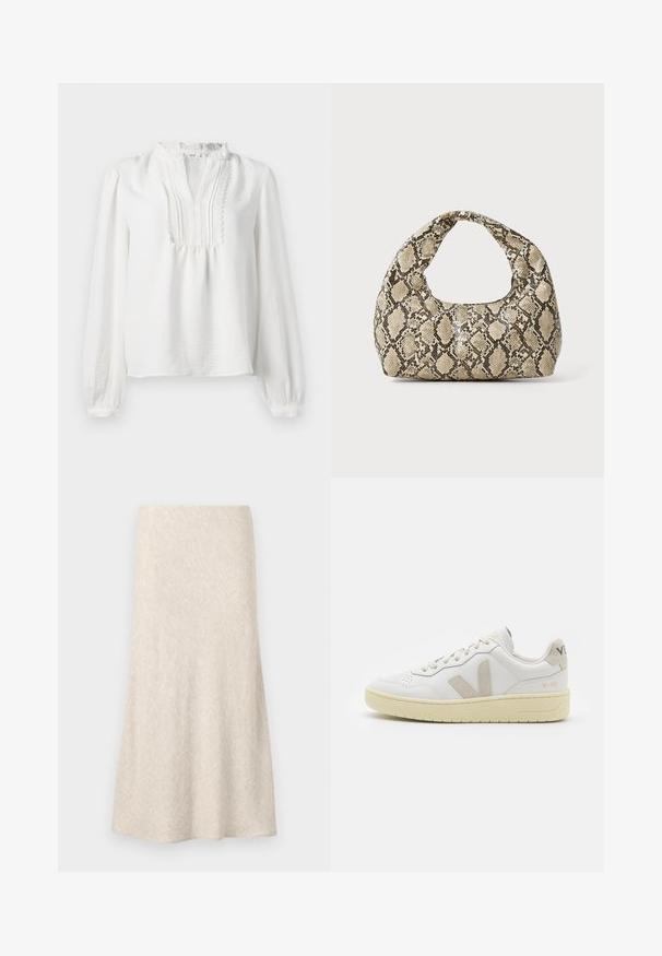 Hvit langermet bluse med volanghalser, plisserte frontdetaljer og elastiske mansjetter. Mykt stoff med en lett strukturert overflate.; Beige vevd skjørt med en flagrende design, glatt tekstur og subtilt fiskebensmønster. Middels lengde uten synlige lukkinger eller dekorasjoner.; Hvite lær sneakers med beige semsket detaljer, perforert tåboks, flate lisser og en teksturert kremfarget såle. Har subtil branding på hælen.; Veske med slangeskinnmønster og krummet håndtak. Laget av teksturerte, beige og brune materialer, med et særegent diamantmønster.