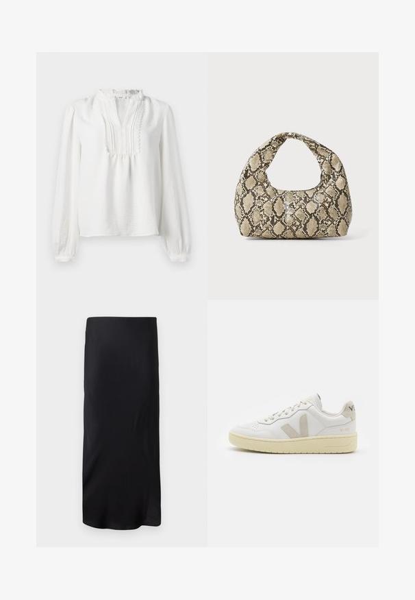 White long-sleeve blouse with a ruffled neckline, pleated front detail, and elasticized cuffs. Soft fabric with a slightly textured finish.; Black, sleeveless midi skirt made of smooth fabric. Features a straight, elongated shape with no patterns or accents. Simple and minimalist design.; White leather sneaker with beige suede accents, perforated toe box, flat laces, and a textured cream sole. Features subtle branding on heel.; Snake-print handbag with a curved handle. Made from textured, beige and brown materials, featuring a distinctive diamond pattern.