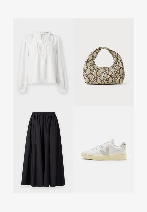White long-sleeve blouse with a ruffled neckline, pleated front detail, and elasticized cuffs. Soft fabric with a slightly textured finish.; Black, long, elastic waist skirt made of smooth fabric with a full, flowing silhouette. No patterns or hardware visible.; White leather sneaker with beige suede accents, perforated toe box, flat laces, and a textured cream sole. Features subtle branding on heel.; Snake-print handbag with a curved handle. Made from textured, beige and brown materials, featuring a distinctive diamond pattern.