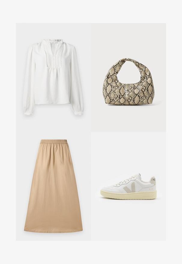 Balta garām piedurknēm blūze ar viļņotu apkakli, plīšu priekšpusi un elastīgiem aprocēm. Mīksts audums ar viegli teksturētu virsmu.; Beige maksi svārki, izgatavoti no viegla auduma, ar elastīgu jostasvietu un gludu tekstūru, ar taisnu, plūstošu dizainu.; Baltas ādas sporta apavu pāris ar bēšiem zamša akcentiem, caurumiņu purngalā, plakanu šņorēšanu un teksturētu krēmkrāsas zoli. Iezīmējas ar diskrētu zīmolu uz papēža.; Čūsku raksta soma ar izliekto rokturi. Izgatavota no teksturētiem, bēšiem un brūniem materiāliem, ar izteiksmīgu dimanta rakstu.