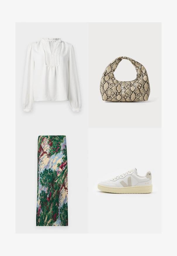 Blouse blanche à manches longues avec un col volanté, un détail plissé à l'avant et des poignets élastiqués. Tissu doux avec une finition légèrement texturée.; Tissu à motifs représentant une scène de paysage avec des arbres verts, des fleurs rouges, une maison au toit rouge et un ciel bleu. Texture lisse.; Baskets blanches en cuir avec des accents en daim beige, boîte à orteils perforée, lacets plats et semelle texturée crème. Présente un logo discret au talon.; Sac à main en motif serpent avec une poignée incurvée. Fabriqué à partir de matériaux texturés beiges et bruns, présentant un motif en diamant distinctif.