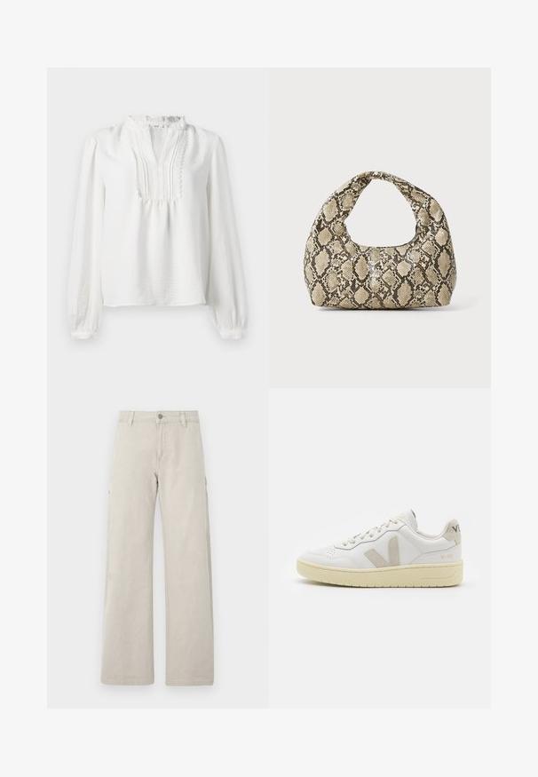 Balta garām piedurknēm blūze ar viļņotu apkakli, plīšu priekšpusi un elastīgiem aprocēm. Mīksts audums ar viegli teksturētu virsmu.; Beige kravas bikses ar taisnu, platuma kāju dizainu, ar sānu kabatām un pogu aizdari, izgatavotas no izturīgas kokvilnas materiāla.; Baltas ādas sporta apavu pāris ar bēšiem zamša akcentiem, caurumiņu purngalā, plakanu šņorēšanu un teksturētu krēmkrāsas zoli. Iezīmējas ar diskrētu zīmolu uz papēža.; Čūsku raksta soma ar izliekto rokturi. Izgatavota no teksturētiem, bēšiem un brūniem materiāliem, ar izteiksmīgu dimanta rakstu.