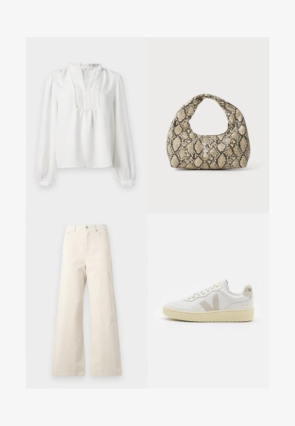 Bílá halenka s dlouhým rukávem a volánkovým výstřihem, s plisovaným předním detailem a elastickými manžetami. Měkká tkanina s mírně strukturovaným povrchem.; Béžové kalhoty širokého střihu vyrobené z bavlny, s předním zapínáním na knoflík, bočními kapsami a hladkým povrchem. Minimalistický design bez vzorů.; Bílé kožené tenisky s béžovými semišovými akcenty, perforovanou špičkou, plochými tkaničkami a strukturovanou krémovou podešví. Obsahují jemné logo na patě.; Kabelka s hadím vzorem a zakřiveným držadlem. Vyrobena z texturovaných béžových a hnědých materiálů, s charakteristickým diamantovým vzorem.