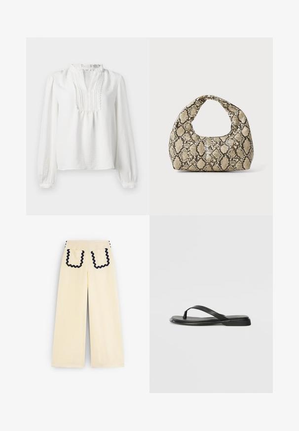 Valkoinen pitkähihaista paitaa, jossa on röyhelökaulus, poimutettu etuosa ja elastiset hihansuut. Pehmeä kangas, jossa on hieman teksturoitu pinta.; Mukavat keltaiset läpikuultavat housut, joissa on tekstuuripinta. Taskujen reunoilla ja sivusaumoissa erottuva tummansininen ripsipidike.; Mustat varvastossut, joissa on sileä nahkapinta, ohut hihna ja litteä pohja, jossa on minimalistinen muotoilu. Ei huomattavia kuvioita tai koristeita.; Käärmeennahkakuosiset käsilaukku, jossa on kaareva kahva. Tehty teksturoiduista beigeistä ja ruskeista materiaaleista, joissa on erottuva timanttikuvio.