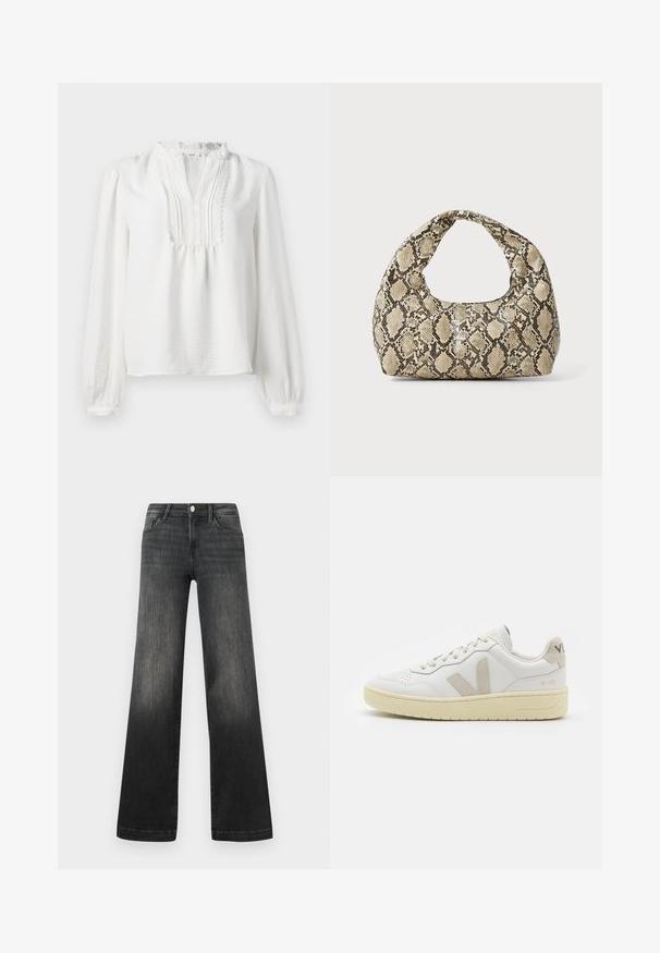 Fehér, hosszú ujjú blúz fodros nyakkivágással, pliszírozott elülső részlettel és rugalmas mandzsettákkal. Puha anyag, enyhén texturált felülettel.; Fekete, bő szárú farmernadrág, megfakult denim anyagból, elülső zsebekkel, gombos záródással és diszkrét varrási részletekkel a varratok mentén.; Fehér bőr sneaker bézs velúr részletekkel, perforált orr résszel, lapos fűzőkkel és textúrált krémszínű talppal. Finom márkajelzés található a sarkán.; Kígyómintás kézitáska ívelt fogantyúval. Texturált, bézs és barna anyagból készült, jellegzetes gyémántmintával.