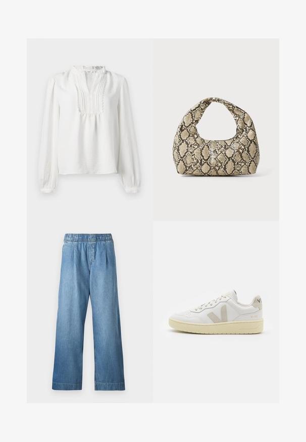 Bijela bluzica dugih rukava s volanima oko vrata, nabranim prednjim detaljem i elastičnim manžetama. Mekana tkanina s blago teksturiranim finišom.; Svijetloplave traperice s elastičnim pojasom, širokim nogavicama i suptilnom teksturom. Ne sadrže vidljive džepove niti ukrase.; Bijele kožne tenisice s bež nubuk naglascima, perforiranim prednjim dijelom, ravnim čipkama i teksturiranom kremastom potplatom. Sadrži suptilni brend na pete.; Torba s uzorkom zmije s zakrivljenom drškom. Izrađena od teksturiranih materijala u bež i smešnim tonovima, sa karakterističnim dijamantnim uzorkom.