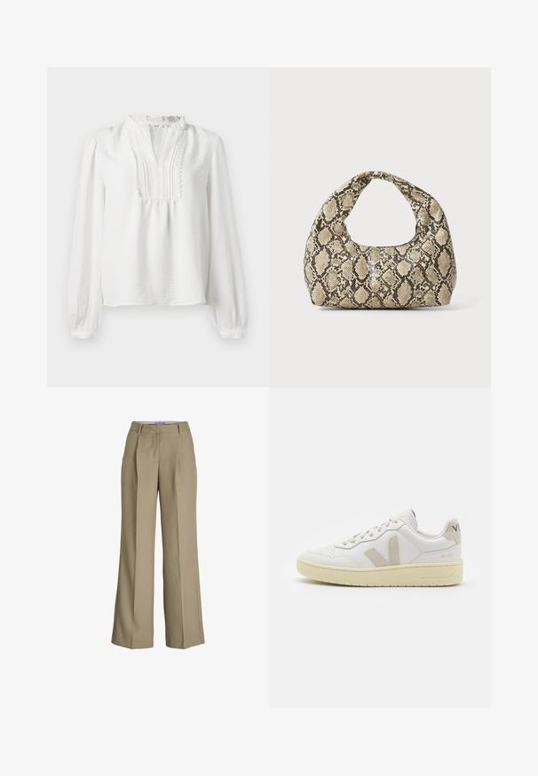 Hvit langermet bluse med volanghalser, plisserte frontdetaljer og elastiske mansjetter. Mykt stoff med en lett strukturert overflate.; Beige vide bukser med høj talje, frontfolder og en glat stofstruktur. Klassisk design med en skræddersyet finish.; Hvite lær sneakers med beige semsket detaljer, perforert tåboks, flate lisser og en teksturert kremfarget såle. Har subtil branding på hælen.; Veske med slangeskinnmønster og krummet håndtak. Laget av teksturerte, beige og brune materialer, med et særegent diamantmønster.