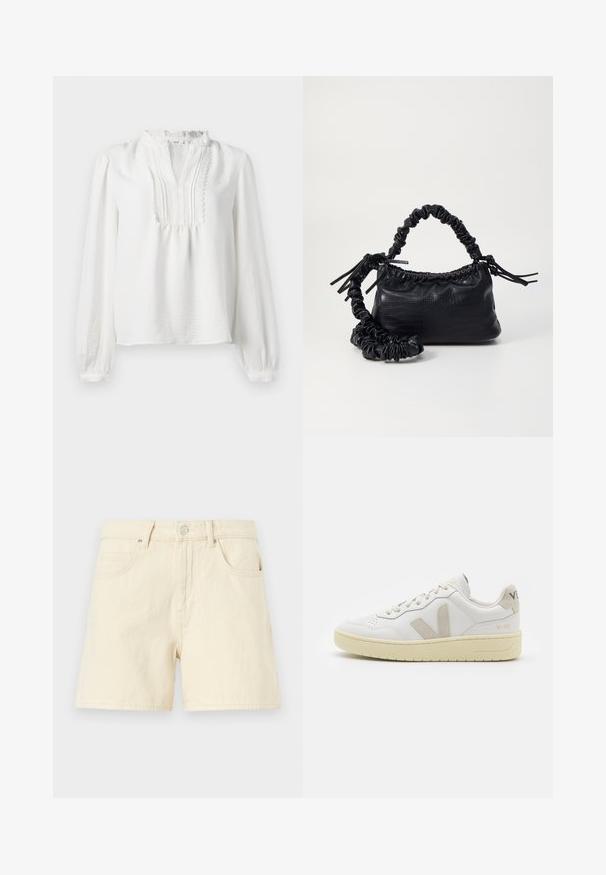 Witte blouse met lange mouwen, een gerimpelde halslijn, geplooid voorpaneel en elastische manchetten. Zachte stof met een licht gestructureerde afwerking.; Crème denim shorts met een rechte snit, voorzien van een knoopsluiting aan de voorkant, twee voorzakken en een zachte, gestructureerde stof.; Witte leren sneaker met beige suède accenten, geperforeerde neus, platte veters en een gestructureerde crèmekleurige zool. Heeft subtiele branding op de hak.; Zwarte nepleer handtas met een krokodillenstructuur, opgedroogde bovenkant en een gekreukte hengsel. Het lijkt zacht en compact van ontwerp.