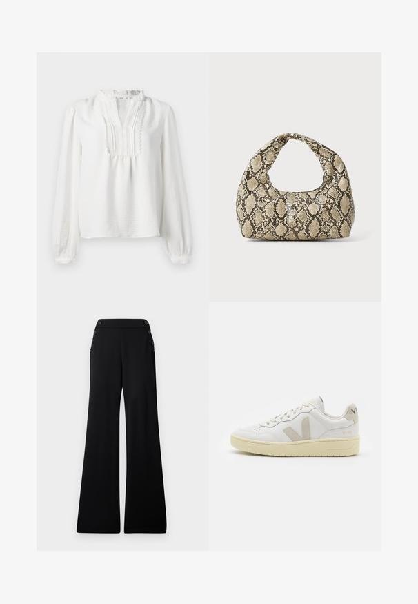 Hvit langermet bluse med volanghalser, plisserte frontdetaljer og elastiske mansjetter. Mykt stoff med en lett strukturert overflate.; Sorte videbukser med høj talje og dekorative knapper langs de øverste sidesømme, præsenteret på en hvid baggrund.; Hvite lær sneakers med beige semsket detaljer, perforert tåboks, flate lisser og en teksturert kremfarget såle. Har subtil branding på hælen.; Veske med slangeskinnmønster og krummet håndtak. Laget av teksturerte, beige og brune materialer, med et særegent diamantmønster.