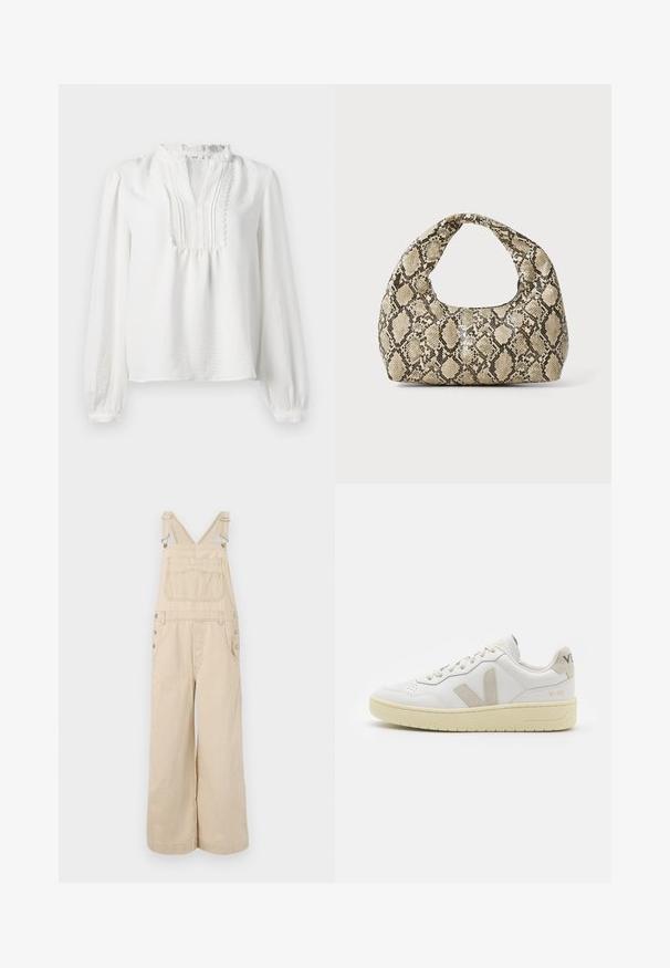Blouse blanche à manches longues avec un col volanté, un détail plissé à l'avant et des poignets élastiqués. Tissu doux avec une finition légèrement texturée.; Salopette beige rayée à jambes larges, avec des bretelles réglables, des boutons en métal, des poches avant et une poche poitrine.; Baskets blanches en cuir avec des accents en daim beige, boîte à orteils perforée, lacets plats et semelle texturée crème. Présente un logo discret au talon.; Sac à main en motif serpent avec une poignée incurvée. Fabriqué à partir de matériaux texturés beiges et bruns, présentant un motif en diamant distinctif.
