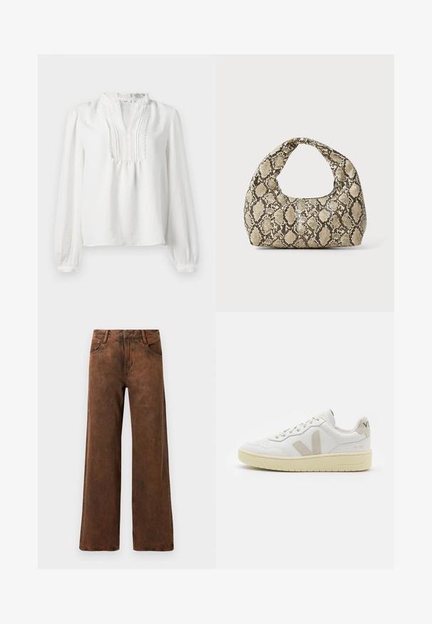 Λευκή πουκαμίσα με μακριά μανίκια και ρυτιδωμένη λαιμόκοψη, πιεσμένο μπροστινό σχέδιο και ελαστικές μανσέτες. Μαλακό ύφασμα με ελαφρώς υφασμένη παρουσία.; Καφέ παντελόνι με φαρδιά μπατζάκια, κατασκευασμένο από τζην, με υφή, κούμπωμα με κουμπί και φερμουάρ και δύο μπροστινές τσέπες.; Λευκά δερμάτινα αθλητικά παπούτσια με μπεζ σουέτ λεπτομέρειες, διάτρητο μπροστινό μέρος, επίπεδα κορδόνια και υφασμάτινη κρεμ σόλα. Διαθέτει διακριτική επωνυμία στη φτέρνα.; Τσάντα σε σχέδιο φίδι με καμπυλωτή λαβή. Φτιαγμένη από υλικά με υφή, σε μπεζ και καφέ αποχρώσεις, με ξεχωριστό διαμαντένιο σχέδιο.