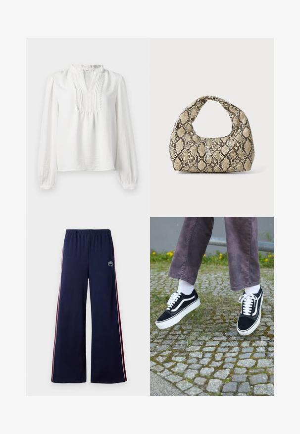 Witte blouse met lange mouwen, een gerimpelde halslijn, geplooid voorpaneel en elastische manchetten. Zachte stof met een licht gestructureerde afwerking.; Navyblauwe brede sweatpants met elastische tailleband, witte en bordeauxrode zijstrepen, en klein GAP NYC-logo op de linker bovenbeen.; Zwarte suède sneakers met witte accenten, met een ronde neus, dikke witte zool en klassieke vetersluiting, gedragen met witte sokken en paarse broek.; Slangpatroon handtas met een gebogen handvat. Gemaakt van gestructureerde, beige en bruine materialen, met een kenmerkend ruitpatroon.