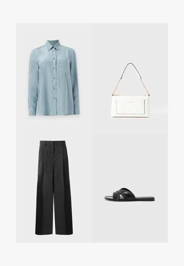 Cămașă albastru deschis cu mânecă lungă, realizată dintr-un material neted, având deschidere cu nasturi, guler și un singur buzunar pe piept.; Pantaloni negri cu talie înaltă, cu picioare largi, având pliseuri frontale, o textură netedă și un finisaj croit. Concepuți pentru o croială relaxată.; Sandale negre cu un finisaj din piele netedă, având curele încrucișate și detalii decupate, cu o talpă plată și flexibilă.; Geantă de mână din piele albă cu un finisaj texturat, având o curea din lanț aurie și accente negre. Include un buzunar frontal și închidere cu fermoar.