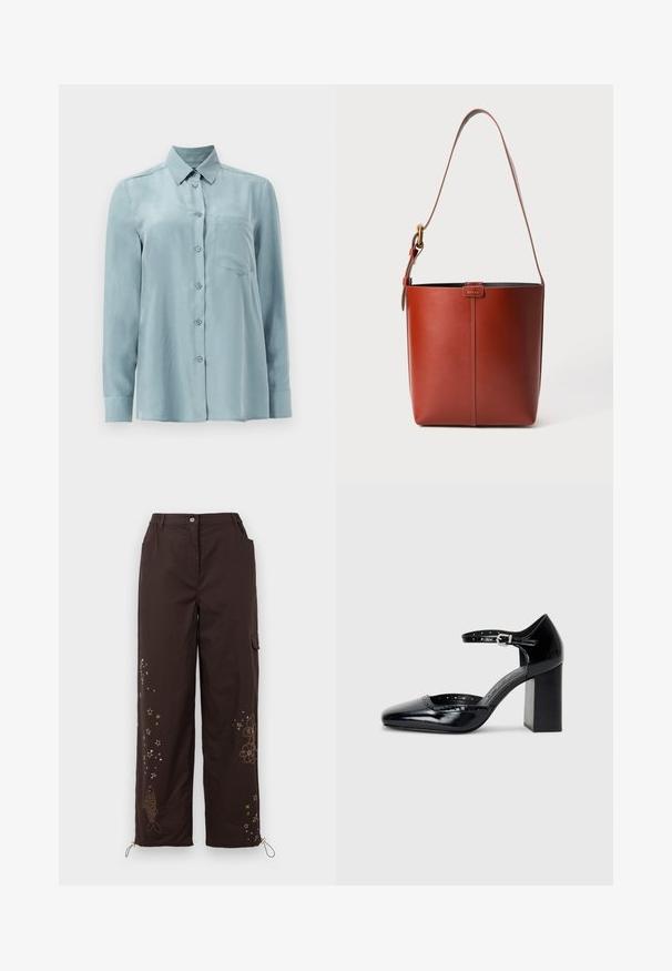 Šviesiai mėlyna ilgomis rankovėmis marškiniai, pagaminti iš lygios medžiagos, su mygtukų užsegimu priekyje, apykakle ir viena krūtinės kišene.; Rudos plačios kelnės su siuvinėtomis žvaigždutėmis ir žuvų dizainais. Turi elastingą juosmenį, dvi šonines kišenes ir reguliuojamus kulkšnies raiščius.; Juodos lakuotos aukštakulnės bateliai su kvadratine nosimi, kulkšnies dirželiu ir masyviu kulnu. Apima perforuotus detalizavimus aplink kraštą.; Rudos odos kibirėlio tipo krepšys su reguliuojamu petiniu diržu ir auksinės spalvos sagtimi, priekyje paprasti vertikalūs siūlai.