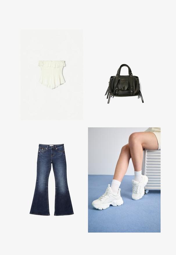 Haut blanc à épaules nues avec des bords festonnés, un corsage smocké, un ourlet évasé et un tissu léger présentant une texture subtile.; Jean flare bleu foncé avec une taille, un design à cinq poches, des accents de couture et une texture en denim lisse.; Baskets blanches à lacets avec une semelle épaisse, en matériau synthétique lisse, accents texturés et une languette au niveau du talon.; Sac à main en cuir noir avec des poignées tressées, une poche zippée et des glands suspendus. Surface texturée avec des clous en métal et des accents en métal.