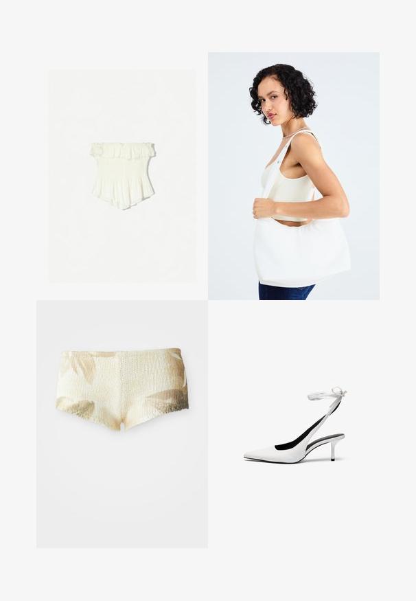 Witte off-shoulder top met gerimpelde randen, smock-borstel, uitlopende zoom en lichte stof met een subtiele textuur.; Gehaakte shorts in lichtbeige met een bloemenpatroon. Heeft een gestructureerd oppervlak en een golvende zoom. Zacht en lichtgewicht stof.; Witte pointed-toe slingback hakken met een dunne enkelband. Gladde leren materiaal, dunne stilettohak en een zwarte binnenvoering.; Witte schoudertas van glad materiaal, met een ovale uitsparing en breed riemontwerp. Eenvoudig en modern zonder zichtbare hardware.