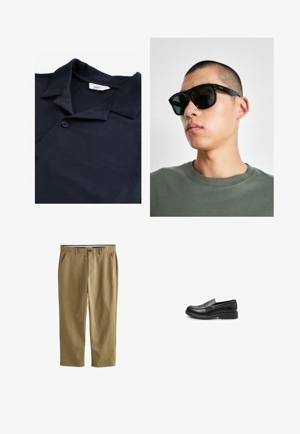 Tumesinine polo särk, mis on valmistatud tekstureeritud kangast ning millel on nööpidega avaus, lühike kaelus ja väike brändi silt kaela juures.; Khaki chinos, mis on valmistatud puuvillasegistusest, sisaldavad kahte külgtaskut, nööbikinnitust, sirgeid jalgu ja sujuvat tekstuuri.; Bata Jalga libistatavad jalanõud - nero; Mustade ristküliku kuju prillid tumedate läätsedega, millel on eriline kuju ja bränding templil. Kanda inimese poolt, kellel on seljas roheline särk.