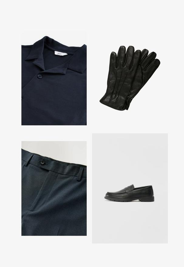 Marine polo-shirt lavet af struktureret stof, med en knaplukning, kort krave og et lille mærkelabel nær halsudskæringen.; Marineblå bukser med struktureret stof, der har en enkelt knaplukning og flad front. Diskret mønster tilføjer visuel interesse.; Sorte læderslippers med en glat finish, mokkasin-stil overdel, syninger og gummisål. Klassisk design med en lav hæl.; Sorte læderhandsker med en glat tekstur, fem fingre og subtile syninger. Klassisk design, egnet til brug i koldt vejr.