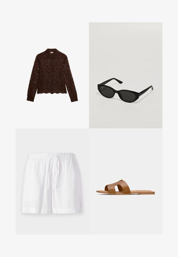 Brun blondedragt med lange ærmer, blomstermønster, knaplukning og krave. Gennemsigtig tekstur, cropped kant og detaljeret blomstermønster.; Hvide linned shorts med elastik i taljen og justerbar snor. Har en afslappet pasform og ombuk for komfort.; Brune flade sandaler med brede krydsede stropper lavet af glat syntetisk materiale og en flad, minimalistisk sål.; Sorte solbriller med en smal, katteøjeform. Fremstillet af glat plast, med mørke linser og diskrete logo accenter på stængerne.; Vævet strå tote taske med flettet tekstur, mørkebrune læderhåndtag og bund, bred cirkulær form og åben topdesign.; Hvid hårklips formet som en blomst med en lys gul gradient, der har en fjeder-mekanisme og en glat plastoverflade.