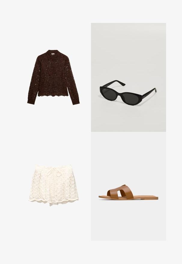 Brown lace blouse with long sleeves, floral pattern, button closure, and a collar. Sheer texture, cropped hemline, and detailed floral design.; White crochet shorts with a scalloped hem, featuring a textured, open-knit design and a drawstring waist for adjustable fit.; Brown flat sandals featuring wide crossed straps made of smooth synthetic material and a flat, minimalistic sole.; Black sunglasses with a narrow, cat-eye shape. Made of smooth plastic, featuring dark lenses and subtle logo accents on the temples.; Woven straw tote bag with braided texture, dark brown leather handles and base, wide circular shape, and open top design.