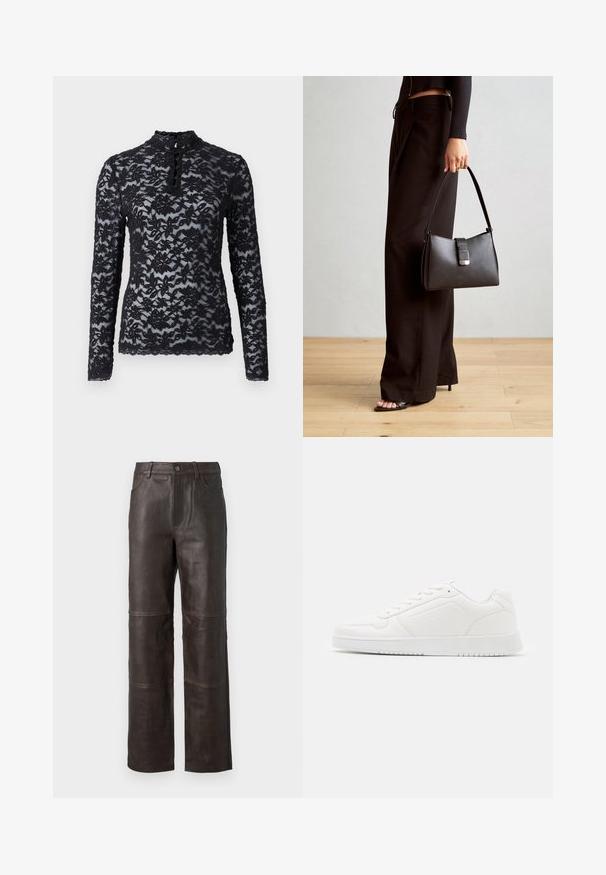 Rosemunde DELICIA - Μπλούζα με μακριά μανίκια - black; Modström LANANMD - Δερμάτινο παντελόνι - cedar; Λευκό αθλητικό παπούτσι κατασκευασμένο από λείο συνθετικό υλικό, με στρογγυλή μύτη, σχέδιο που δένει με κορδόνια, επίπεδη σόλα και διακριτικές τρυπητές λεπτομέρειες.; Μαύρη τσάντα χειρός με δομημένο σχήμα, λεία υφή και μεταλλικό κούμπωμα. Συνδυασμένη με φαρδιά μαύρα παντελόνια και σανδάλια ανοιχτής μύτης πάνω σε ξύλινο πάτωμα.