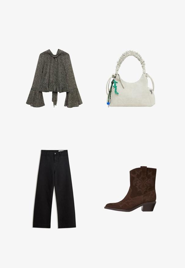 Crno-bijela cvjetna bluzica s visokim izrezom, raširenim rukavima i vezanjem u struku, napravljena od lagane tkanine.; Crne široke traperice s visokim strukom, s prednjim i stražnjim džepovima, šivenim šavovima i kopčanjem na gumb. Glatka tekstura.; Smeđi ante jahački čizmasti s oštrim vrhom, dekorativnim šavovima, visinom do gležnja i složenim potplatom. Ima povlačnu traku za lako obuvanje.; Off-white lažna kožna torba s naboranom drškom, džepom na zip i zelenim privjeskom. Glatka tekstura, suptilni uvezeni logotip i elegantan dizajn.
