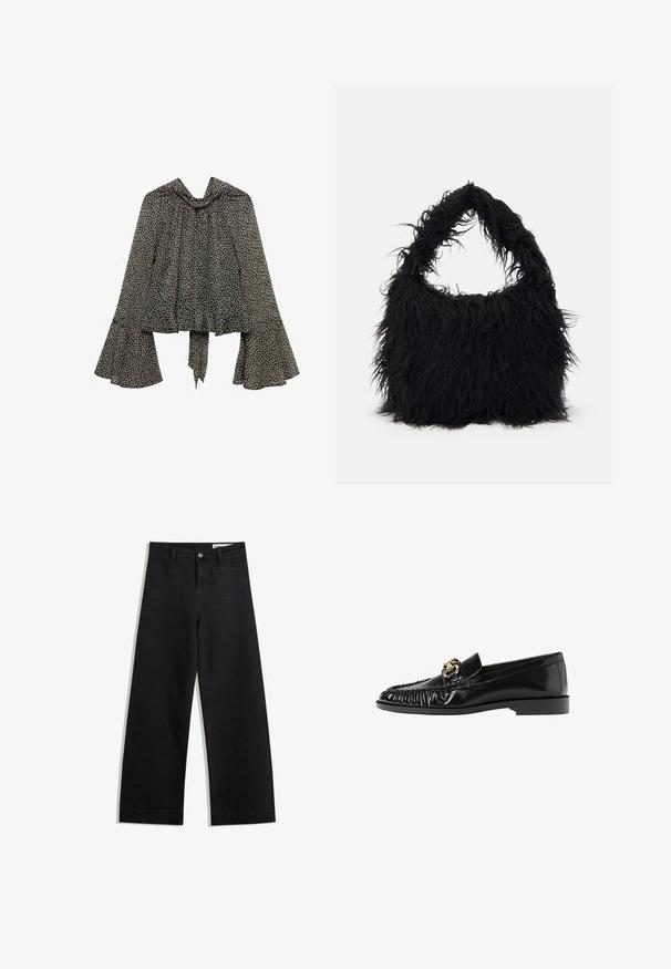 Black and white floral blouse with a high neck, flared sleeves, and a tie at the waist, made from lightweight fabric.; Black wide-leg denim pants with a high waist, featuring front and back pockets, stitched seams, and a button closure. Smooth texture.; Black leather loafer with a rounded toe, gathered texture, and gold hardware accent. Flat heel and smooth finish throughout.; Even&Odd Tote bag - black