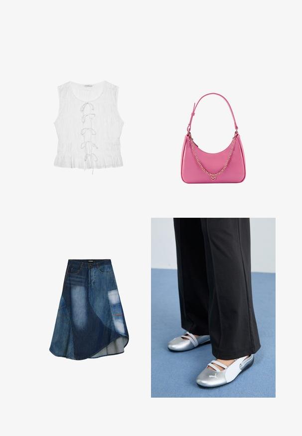 Vit ärmlös topp i texturerad tyg. Har en rundad halsringning och en snörningsdetalj fram med lösa band. Volangkant.; Denimkjol med en blandning av blå tvättar, utsvängd design, sned nederkant, knappstängning fram och detalj med bröstfickor.; Silver- och vita platta skor med korsade remmar och texturerad detalj, kompletterat med lösa svarta byxor. Ställt mot ett blått golv.; Rosa syntetisk axelväska med en böjd form, slät yta, avtagbar kedjesnodd och en cirkulär logotypdetalj på framsidan.
