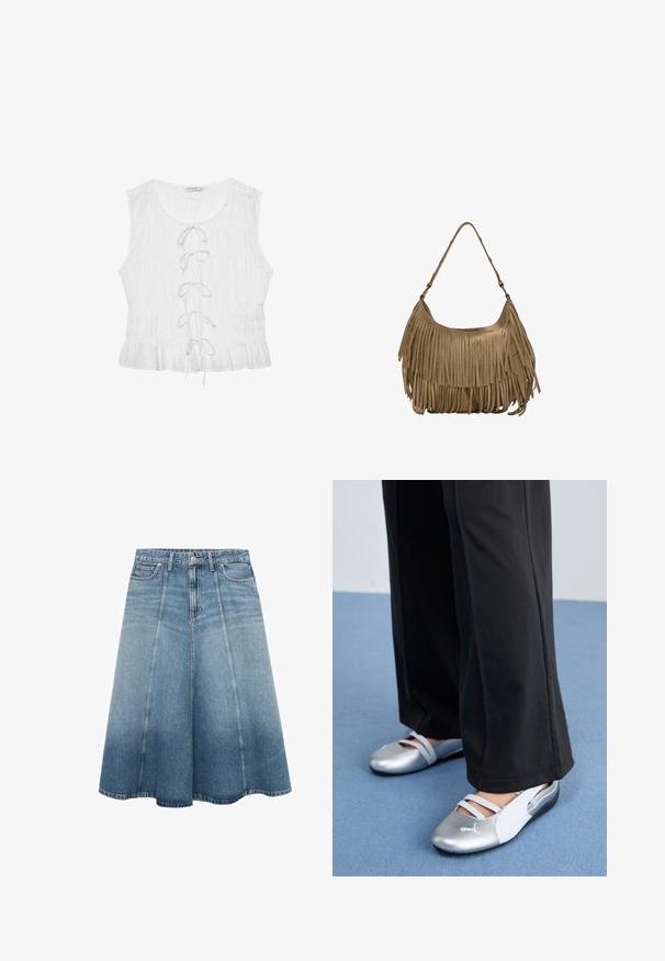 Valkoinen hihaton toppi, jossa on teksturoitu kangas. Siinä on avara kaula-aukko ja edessä nauhoitus, jonka siteet ovat löysät. Rypytetty helma.; Valkoinen farkkuhame vaaleansinisenä, jossa on kellottava A-linjainen muoto. Hameessa on korkea vyötärö, kaksi etutaskua ja hienovarainen ompeluysitys.; Hopeiset ja valkoiset litteät kengät, joissa on ristikkäin kulkevat hihnat ja tekstuuri, täydentävät löysiä mustia housuja. Taustalla sininen lattia.; Ruskea mokkanahkainen käsilaukku, jossa on pitkät fringer yksityiskohdat, kaareva muoto ja yksi olkahihna. Pinta on sileä ja teksturoitu.