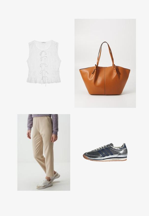 Top sans manches blanc en tissu texturé. Présente un col plongeant et un détail de laçage à l'avant avec des liens lâches. Ourlet volanté.; Pantalons beige ajustés avec une texture lisse, comportant des plis à l'avant et une coupe slim. Associés à des baskets blanches et beiges.; Baskets synthétiques argentées avec des rayures navy, bout rond, doublure blanche et semelle en caoutchouc. Présente un dessus texturé et un système de laçage.; Sac fourre-tout en cuir marron avec une forme large et angulaire ; il possède deux longues poignées et une couture contrastante le long des bords.
