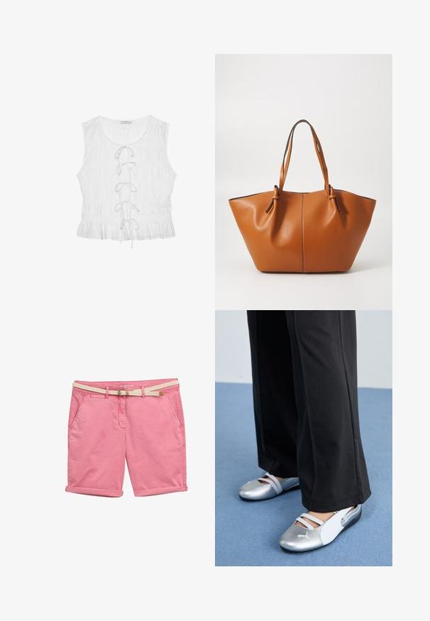 Weiße ärmellose Bluse aus strukturiertem Stoff. Verfügt über einen runden Ausschnitt und ein vornes Schnürdetail mit lockeren Bändern. Rüschensaum.; TOM TAILOR Shorts - bright rose; Silberne und weiße flache Schuhe mit überkreuzten Riemen und strukturierten Details, ergänzt durch lockere schwarze Hosen. Vor einem blauen Boden.; Braune Leder-Tasche mit einer breiten, angularen Form; verfügt über zwei lange Griffe und kontrastierende Nähte entlang der Kanten.