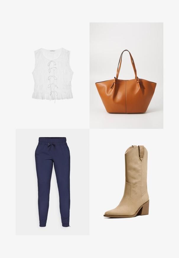 Biała bezrękawnikowa bluzka z teksturowanej tkaniny. Posiada okrągły dekolt oraz detal z przodu związywania z luźnymi troczkami. Falbaniasty dół.; Granatowe dresy z elastycznym pasem i regulowanym sznurkiem, z zwężającymi się nogawkami i prążkowanymi ściągaczami na kostkach. Gładka faktura materiału.; Bershka - Kowbojki i obuwie motocyklowe; Brązowa skórzana torba tote o szerokim, kanciastym kształcie; ma dwie długie rączki i kontrastowe przeszycia wzdłuż krawędzi.