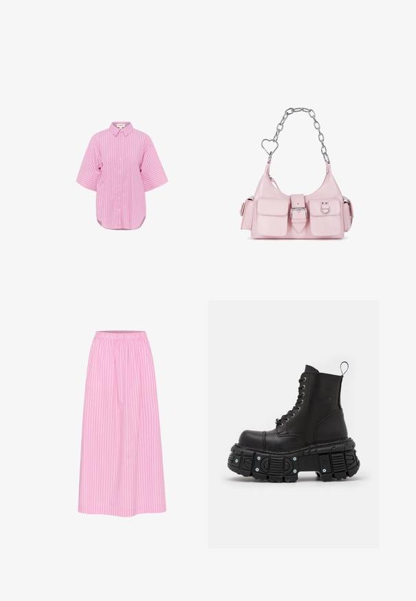 Lyserød skjorte med hvide lodrette striber, korte brede ærmer og en buet kant. Lavet af bomuldsstof, klassisk krave og afslappet pasform.; Lyserød stribet nederdel med elastisk talje, midi-længde og letvægtsstof. Har lodrette hvide striber for et klassisk look.; Sorte læderkampstøvler med høj skaft, snørelukning, kraftig gummisål og metalaccenter på sålens base.; Pink faux læder håndtaske med sølv kædehåndtag, hjerteformede detaljer, frontspænde og to små lommer foran.