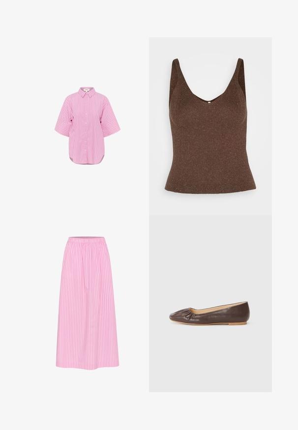 Růžová košile na knoflíky s bílými vertikálními pruhy, krátkými širokými rukávy a zakřiveným lemem. Bavlněný materiál, klasický límec a uvolněný střih.; ONLY ONLLINA - Top - chocolate brown; Růžová pruhovaná sukně s elastickým pasem, midi délky a lehkého materiálu. Má vertikální bílé proužky pro klasický vzhled.; Hnědé kožené baletní byty s kulatou špičkou, s nařaseným detailem na přední části a plochou, světlou podrážkou.