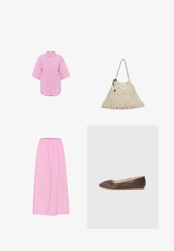 Rosa Hemd mit weißen vertikalen Streifen, kurzen weiten Ärmeln und einem abgerundeten Saum. Aus Baumwolle, mit klassischem Kragen und lockerer Passform.; ONLY ONLLINA - Top - chocolate brown; Röcke mit pinken Streifen, elastischem Taillenbund, Midilänge und leichtem Stoff. Verfügt über vertikale weiße Streifen für einen klassischen Look.; Braune Leder-Balletschuhe mit einer runden Zehenform, Raffung im vorderen Bereich und einer flachen, hellen Sohle.; Netzhandtasche in Cremefarbe, mit einem weichen Stofffutter und einem Griff, verziert mit einem floralen Akzent und einem Kordelzugverschluss.