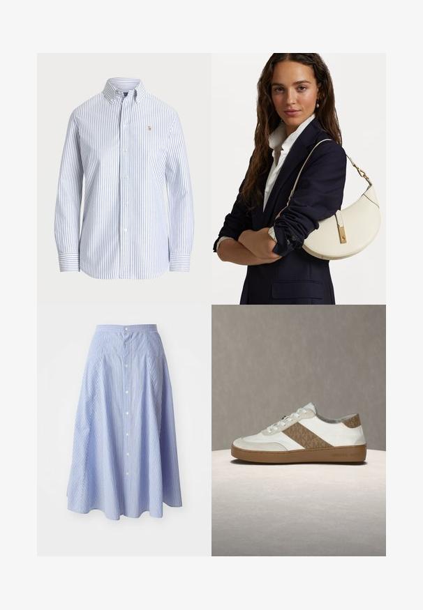 Valkoiset ja vaaleansiniset raidalliset nappikauluspaita. Ominaisuuksiin kuuluu klassinen kaulus, pitkät hihat ja pieni brodeerattu logo rinnassa.; Raidallinen nappipaitahame vaaleansinisessä ja valkoisessa. Kangas näyttää kevyeltä ja sileältä; polvipituinen ja liehuva malli.; Valkoinen tennari, jossa vaaleanbeigen sävyisiä mokkaisia yksityiskohtia, kuvioitu sivuraita, pyöreä kärki, valkoiset nauhat ja ruskea kumipohja. Merkintä kantapäässä.; Valkoinen nahkalaukku, jossa on kaareva muoto, kultaiset yksityiskohdat ja teksturoitu pinta, pukeutuneena tumman bleiserin ja valkoisen paidan päälle.