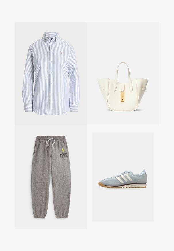 Svītrainā krekla ar pogām gaismas zilā un baltā krāsā. Iespējas: klasiskā apkakle, garas piedurknes un mazs izšūts logs uz krūtīm.; Pelēkas sporta bikses ar elastīgu jostu un auklu, sānu kabatām un izšūtu melnu un dzeltenu zīmolu uz augšstilba.; Gaiši zili zamša sporta apavi ar baltām trim svītrām, gumijas zoli un teksturētu sietu. Ietver gludu purngalu un zīmolu uz papēža.; Balta ādas somiņa ar strukturētu formu, izteiksmīga šuvju apdare, zelta aksesuārs un divi rokturi. Tekstūrēta virsma ar sānu kabatām.