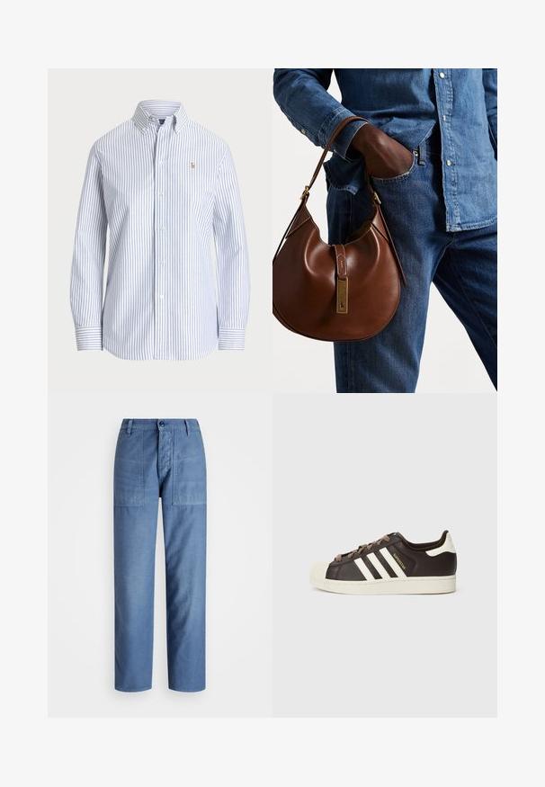 Camisa de botão riscada em azul claro e branco. Apresenta um colarinho clássico, mangas longas e um pequeno logótipo bordado no peito.; Calças de ganga azul claro com um design de perna reta, apresentando dois bolsos frontais e um fecho de botão na cintura. Textura suave.; Sapatilha Adidas Superstar de cano baixo em pele castanho escuro com biqueira de concha creme, riscas brancas e texto "Superstar" do lado.; Bolsa hobo de couro castanho com forma arredondada, apresentando um acabamento em metal dourado e costura em contraste. Combinada com uma camisa de ganga e jeans.