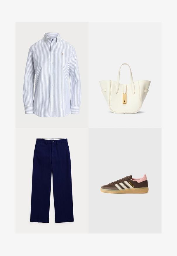 Prugasta srajca z gumbom v svetlo modri in beli barvi. Ima klasičen ovratnik, dolge rokave in majhen izšit logotip na prsih.; Temno modri hlače ravnega kroja z zankami za pas, gumbom za zapiranje in stranskimi žepi na enobarvnem svetlem ozadju.; adidas Originals HANDBALL SPEZIAL UNISEX - Športni copati - dark brown/alumina/wonder mauve; Bela usnjena torba z obliko, ki ohranja strukturo, izrazitim šivom, zlatim kovinskim dodatkom in dvema ročkama. Teksturna površina s stranskimi žepi.