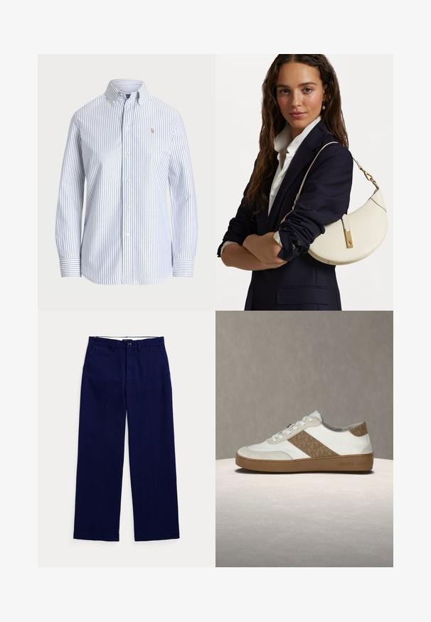 Camisa de botão riscada em azul claro e branco. Apresenta um colarinho clássico, mangas longas e um pequeno logótipo bordado no peito.; Calças de perna reta em azul-marinho, com passantes para cinto, fecho com botão e bolsos laterais, em um fundo claro liso.; Ténis branco com detalhes em camurça bege claro, risca lateral padrão, biqueira redonda, atacadores brancos e sola de borracha castanha. Marca no calcanhar.; Bolsa de mão de couro branco com forma curva, material dourado e acabamento texturizado, usada sobre um blazer escuro e uma camisa branca.