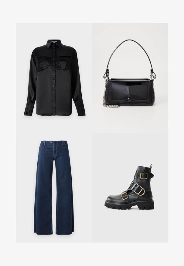 Fekete selyem gombos ing hosszú ujjakkal, két mellzsebbe, hegyes gallérral és egygombos mandzsettával. Simaság jellemzi.; Sötétkék, széles szárú farmernadrág, látható varrásokkal, elülső zsebekkel és gombos záródással. Erős farmer anyagból készült.; Fekete bőr bokacsizma vastag talppal, több pánttal és arany színű kiegészítőkkel. Simára csiszolt felület, robosztus dizájn.; Fekete lakkbőr kézitáska téglalap alakú, láncos vállpánttal és középen egy jellegzetes fém díszítéssel. Simaszerkezet.