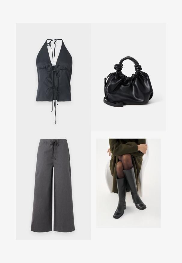 Top nero a halter realizzato in tessuto liscio, con scollatura a V profonda, parte anteriore arricciata e chiusure a legatura regolabili sul collo e in vita.; Pantaloni larghi di colore grigio scuro realizzati in un tessuto morbido, con una vita elastica e un cordino, e dettagli di cucitura minimi.; Stivali neri in pelle alti fino al ginocchio con punta squadrata e tacco a blocco, mostrati con un modello seduto in un cappotto verde oliva. Texture liscia, dettagli minimi.; Borsa a tracolla in pelle nera con un design arricciato, manici corti e arrotondati, e una tracolla rimovibile. Texture liscia con una silhouette morbida.