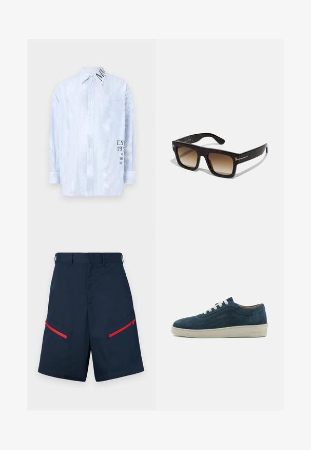 Blau-weiß gestreifte Button-Down-Hemd mit einer Tasche, langen Ärmeln und einem in Schwarz auf dem Ärmel aufgedruckten Logo. Baumwollstoff, mit Kragen.; Marinefarbene Cargo-Shorts aus einem Stoff mit zwei Reißverschlusstaschen mit roten Akzenten, flachem Frontbereich und gestickten Details.; Blauer Wildlederschuh mit runder Zehenpartie, weißen Schnürsenkeln und einer Gummisohle. Verfügt über dezente Nähte und ein Marken-Highlight an der Seite.; Schildpatt-Sonnenbrille mit quadratischem Rahmen, braunen verlaufenden Gläsern und subtilen goldfarbenen Hardware-Details an den Bügeln.