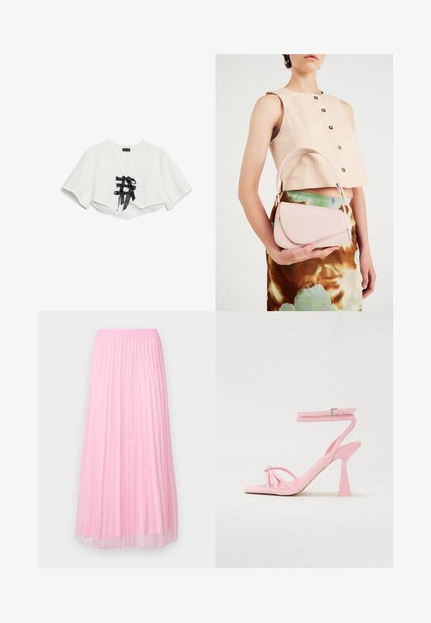 Balts īsais tops ar īsām piedurknēm, kuram ir teksturēta raksts, V-veida kakla izgriezums un trīs melni satīna lentu saišu piekari priekšpusē.; Rozā plīvēta svārku ar maigu, caurspīdīgu tekstūru un elastīgu jostu, rotātu ar mazām, izkaisītām metāla detaļām.; Rozā augstpapēžu sandales ar siksnu dizainu un potītes sprādzi. Ir dekoratīvs elements pirkstos un mūsdienīgs, sašaurināts papēža dizains.; Rozā ādas rokassoma ar izliekto vāku, vienu plecu siksnu un vienkāršām līnijām. Soma izceļas ar gludu tekstūru un minimālistisku dizainu.